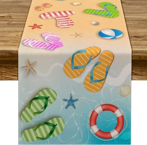Detailed texture of beach theme table runner with starfish and flip-flops prints