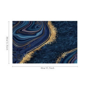 Linen placemat with blue watercolor marble pattern and gold veins, size 30x45cm