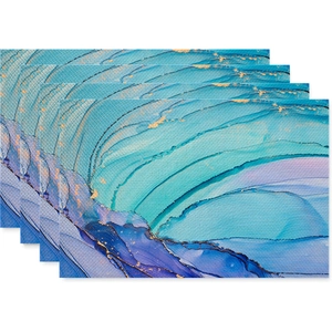 Detail of four linen placemats featuring watercolor marble art with gold foil textures