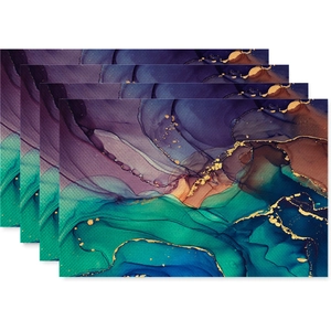 Close-up of linen placemats set of 4 with blue marble alcohol ink and gold foil texture