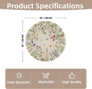 Detail showing 15-inch round floral linen placemat with woven texture and size specs