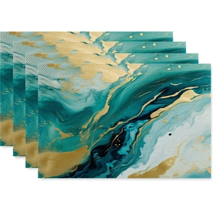 Close-up of linen placemats set of 4 with teal and gold fluid marble texture