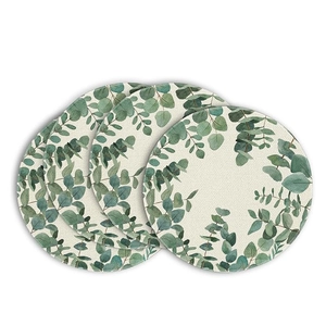 Set of four linen placemats with green eucalyptus leaf print for table heat insulation