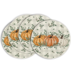 Detail of four round linen coasters featuring orange pumpkin and eucalyptus leaf prints