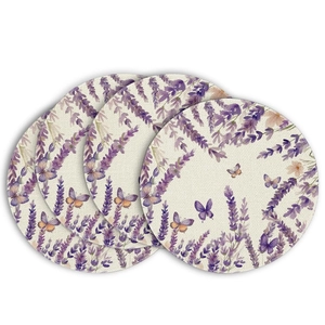 Close-up of four round linen placemats with lavender and butterfly watercolor print