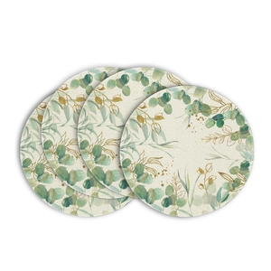 Set of 4 round linen placemats with green eucalyptus leaves and gold line patterns