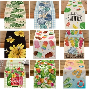 Table Runner Linen Blend Summer Floral Sunflower Bee Tropical Leaf Pattern For Dining Coffee Table Home Decoration