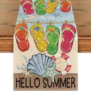 Hello Summer linen table runner with flip flops, seashells and starfish on dark wood