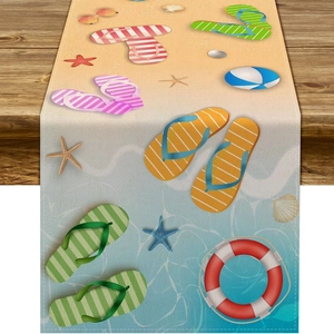Summer beach theme table runner with starfish and flip-flop print on linen texture