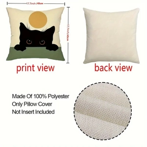 Vintage black cat linen throw pillow cover 45x45cm with front and back view details