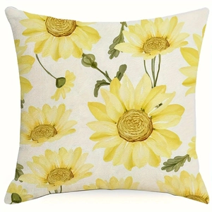 Square pillow cover with watercolor yellow daisy floral print on white background