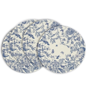 Set of 4 round linen placemats with vintage blue floral and bird patterns on white background