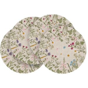 Round linen placemat with floral lavender print for kitchen table insulation