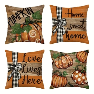 Set of four Thanksgiving pumpkin print linen pillow covers for autumn home sofa decoration