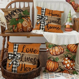 Thanksgiving Pumpkin Linen Pillow Covers Autumn Harvest Decorative Cushion Covers Buffalo Plaid Farmhouse Pillowcases