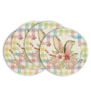 Set of four round linen table mats with Easter rabbit and floral watercolor patterns