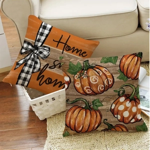 Set of two linen pumpkin throw pillow covers with Home Sweet Home text for fall decor