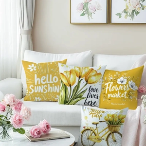 Set of 4 spring tulip peach skin pillowcases with vintage bicycle and floral designs