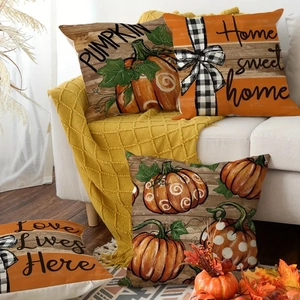 Set of 4 Thanksgiving linen pillow covers with orange pumpkin and buffalo plaid bow design