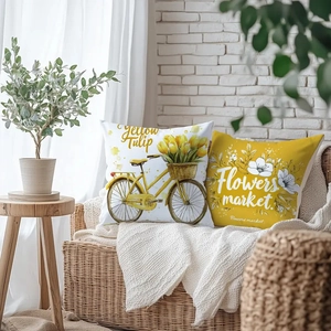 Set of 2 tulip flower decorative pillow covers with bicycle print for spring home decor