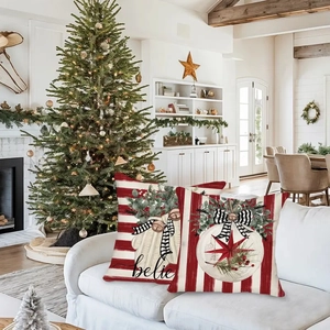 Set of 2 Christmas pillow covers with red white stripes and festive 'Believe' print