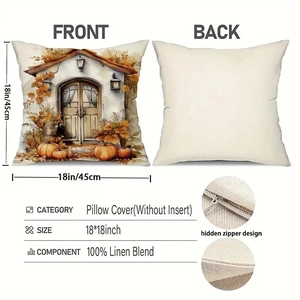 Set of 4 Thanksgiving pumpkin and cottage linen pillow covers with hidden zipper