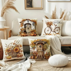 Set of 4 autumn decorative pillow covers with pumpkin designs for Thanksgiving decor