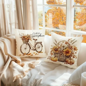 Autumn pumpkin bicycle throw pillow covers in cream fabric for festive home decor