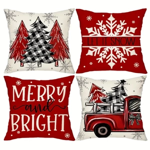 Christmas Festive Short Plush Cushion Covers Red Truck Reindeer Xmas Tree Pattern Winter Holiday Home Decor Pillowcases