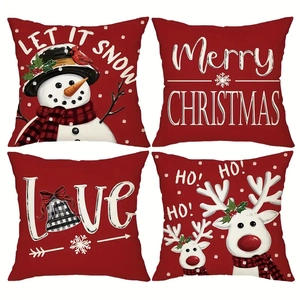 Red Christmas Pillow Covers Linen Reindeer Snowman Pattern Festive Holiday Home Sofa Decorative Throw Cushion Cases