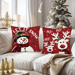 Red Christmas linen pillow covers with snowman and reindeer patterns for sofa decor