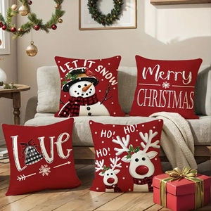 Set of 4 Christmas linen throw pillow covers with red reindeer and snowman designs