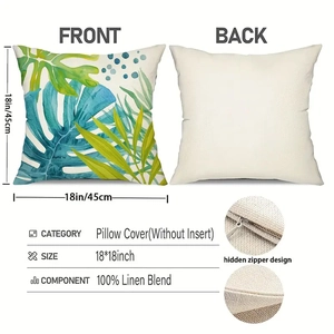 Set of 4 tropical palm leaf cushion covers made of linen blend with hidden zippers