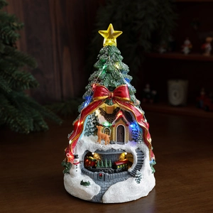 Boîte à musique sapin de Noël avec train rotatif et décor de maison sous la neige