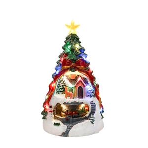 Boîte à musique sapin de Noël lumineuse avec train rotatif et décor en résine