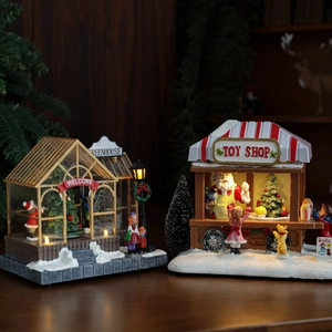 Christmas Miniature Village Toy Shop And Greenhouse Resin LED Light Up Snow Scene Desktop Holiday Decoration Gift