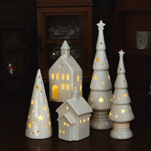 Christmas Ceramic House LED Glowing Decoration Hollow Star Tree Gnome Warm Light Desktop Ornament Nordic Style Home