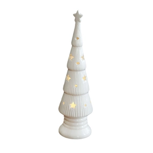 Ceramic LED Christmas tree with star cutouts and warm yellow glowing light décor