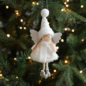 Plush Christmas angel girl pendant with reindeer antlers and silver wings on a tree