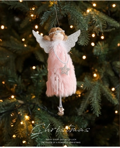 Pink plush Christmas angel doll with silver glitter wings and metal bell detail