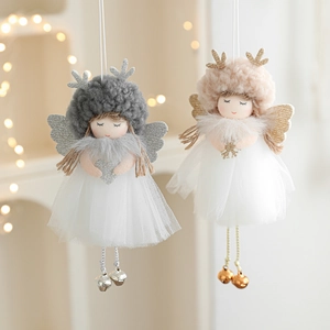 Plush Christmas Angel Doll Hanging Ornament With Antler Wings Mesh Skirt And Bells Cute Xmas Tree Decoration For Home Party