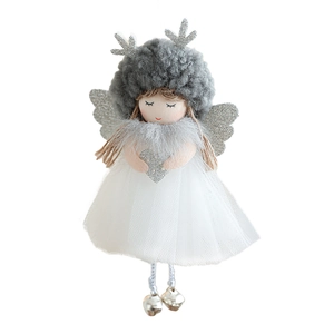 Christmas angel doll with silver reindeer antlers and white tutu on white background