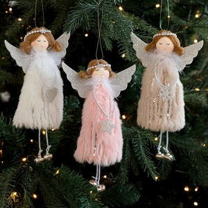 Plush Angel Doll Christmas Tree Hanging Ornament With Silver Wings Sequins Heart Metal Bell Decoration For Holiday Home