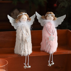 Plush Christmas angel dolls with silver wings and bells for holiday tree decoration