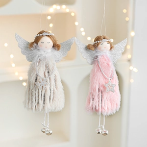 Christmas angel doll ornaments with faux fur, silver wings and bells for tree decor