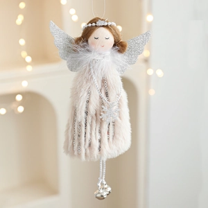Plush Christmas angel ornament with silver wings, sequins, and bell in pink and white
