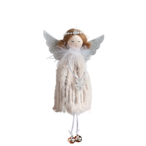 Pink plush angel doll Christmas tree ornament with glitter wings and festive bell