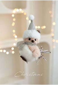 Close-up of plush bird ornament with sequined Santa hat and festive scarf for Christmas