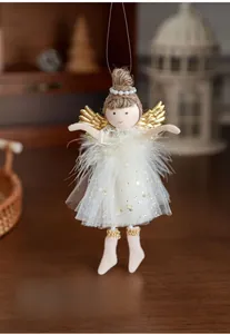Detail of plush angel girl doll ornament with feather collar and gold wing for tree decor