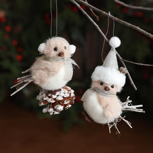 Christmas Plush Bird Hanging Ornament With Natural Pine Cone Sequin Hat Silver Scarf For Xmas Tree Window Home Party Decoration